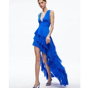 Alice + Olivia Holly Low Neck Asymmetric Ruffle Maxi Dress in Blue